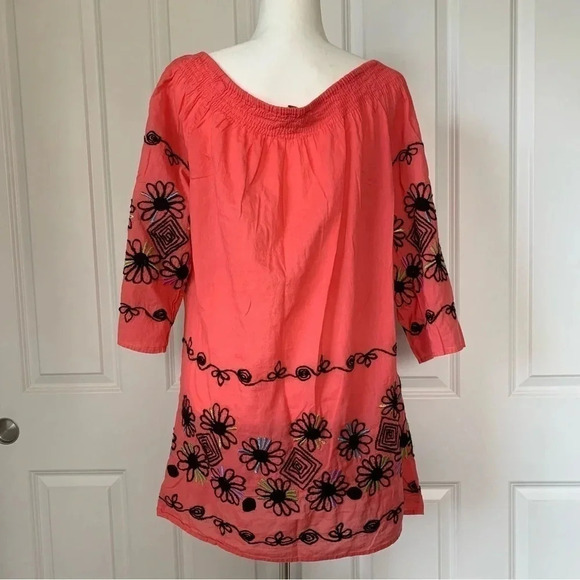 Kyra Off Shoulder Boho Tunic Coral Hand Embroidered Detail Cotton Top size Large - Picture 5 of 13